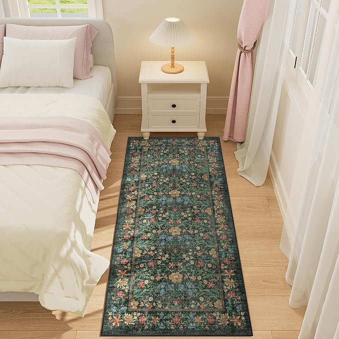 DUKINO 2x4 Rug, Washable Vintage Floral Bathroom Runner Rug, Green | Non Slip, Low Pile, Stain Resistant, Aesthetic Lightweight Soft Indoor Carpet for Kitchen Entryway Hallway Bathroom Bedroom