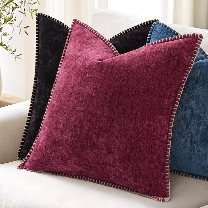 decorUhome Soft Chenille Throw Pillow Covers 22x22 Set of 2 Black | Fall Textured Decorative Throw Pillow Cases Stitched Edge Modern Farmhouse Luxury Boho Velvet for Couch Sofa Bed Home Decor