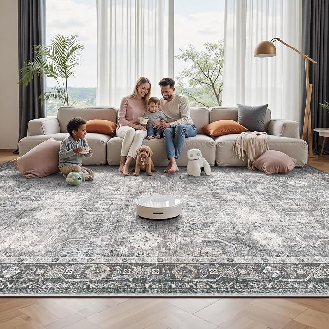 6x6 Square Area Rug, Soft Non Slip Low Pile Washable Rug, Boho Modern Area Rug for Bedroom, Laundry Room, Distressed Grey