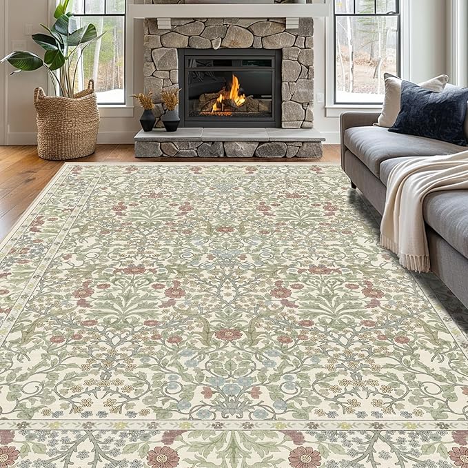 Vintage Light Green Living Room Rug, 9x12 Washable Area Rugs for Dining Room Under Table, Soft Low Pile Large Carpet Bedroom, Non-Slip Boho Floral (9 x 12 Light Green)