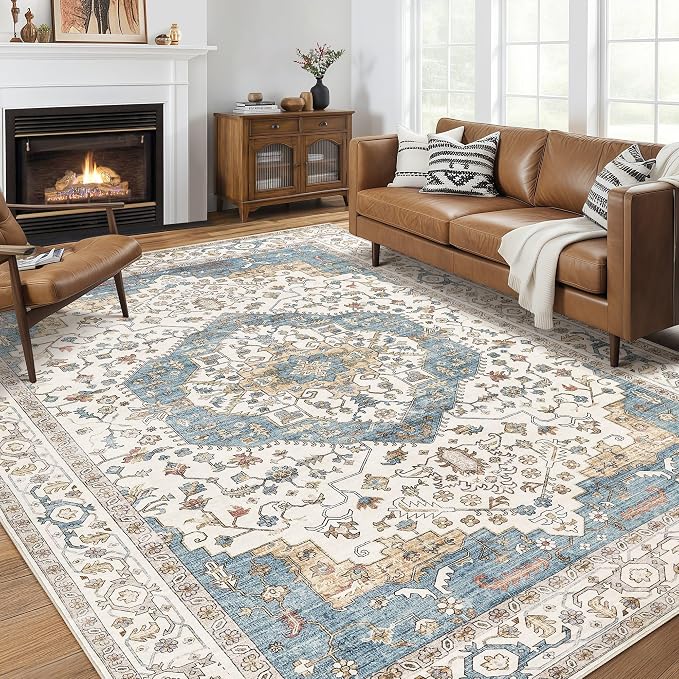8x11 Area Rugs for Living Room - Large Carpet Ultra Thin Soft Washable Oriental Vintage Floral Distressed Rug Big Indoor Carpets for Bedroom Nursery Dorm Home Decor Aesthetic - Blue/Beige