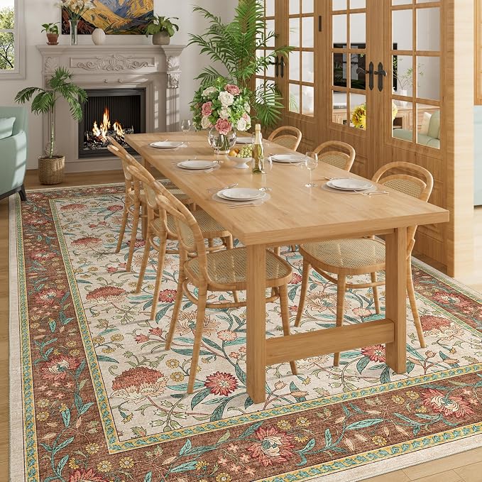 DUKINO 9x12 Area Rug for Living Room, Vintage Floral Washable Rug, Brown | Non Slip, Low Pile, Non-Shedding, Stain Resistant, Aesthetic Soft Indoor Large Carpet for Bedroom Dining Room Farmhouse