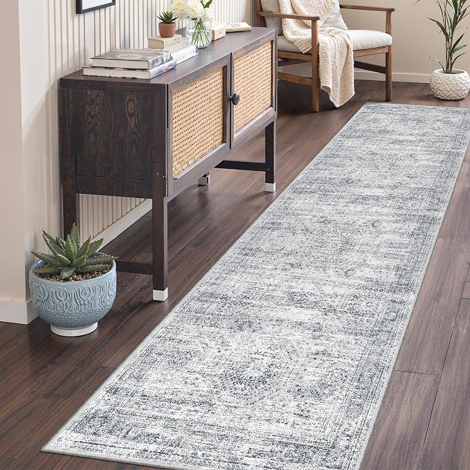 2'6 x 8' Runner Rug Non Slip,Washable Kitchen Rugs,Grey | Neutral Rugs for Kitchen,Entryway,Bedroom,Bathroom,Nursery Room,Thin,Soft Runner Rug,Stain Resistant Indoor Carpet