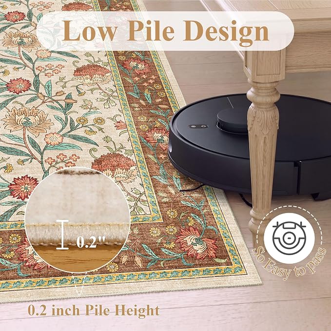 DUKINO 2x4 Rug, Washable Vintage Floral Entryway Rug Non Slip, Brown | Low Pile, Non-Shedding, Stain Resistant Boho Lightweight Soft Indoor Carpet for Kitchen Bathroom Hallway Laundry Farmhouse