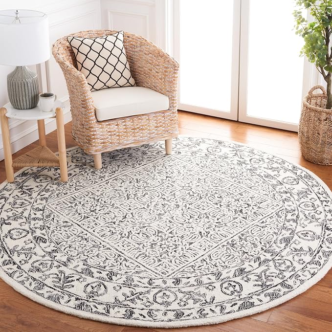 SAFAVIEH Dip Dye Collection Area Rug - 7' Round, Ivory & Black, Handmade Oriental Diamond Wool, Ideal for High Traffic Areas in Living Room, Bedroom (DDY151Z)