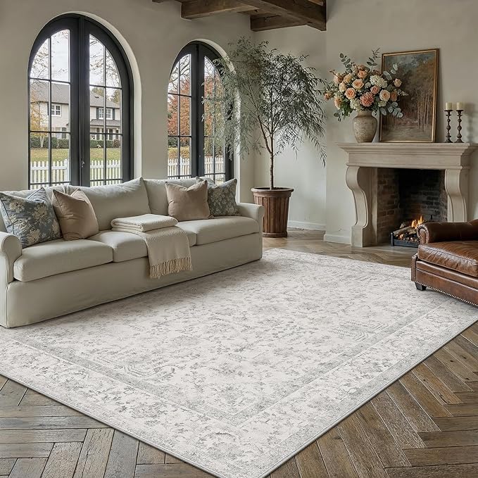 8x10 Grey Neutral Living Room Area Rug | Washable, Low Pile, Accent, Vintage, Soft, Non Slip, Carpet for Bedroom Dining Room Nursery Office Indoor Home Decor