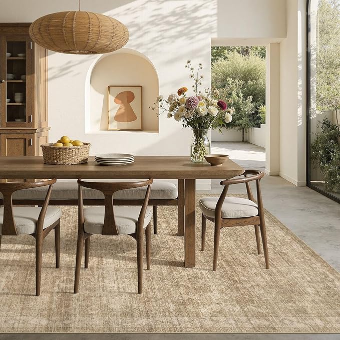 Nakagishi 8x10 Area Rugs Living Room: Washable Large Vintage Rug Neutral Non-Slip Soft Stain Resistant Indoor Carpet for Bedroom Nursery Dining Room Office Playroom - Dark Brown