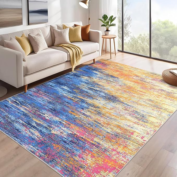 ROYHOME Modern Abstract Area Rug 4x6 Washable Rug for Living Room, Ultra Soft Rug for Bedroom, Non Slip Indoor Floor Carpet, Stain Resistant Rugs for Home Decor Office, Blue/Orange