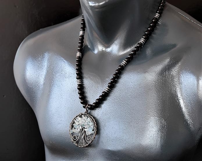 ElisaJewelryArt - Natural Amethyst Big Tree Of Life Pendant Black Onyx Stone Beaded Necklace Genuine Gemstone Feng Shui Stone Clasp Closure Necklace Unisex Necklace