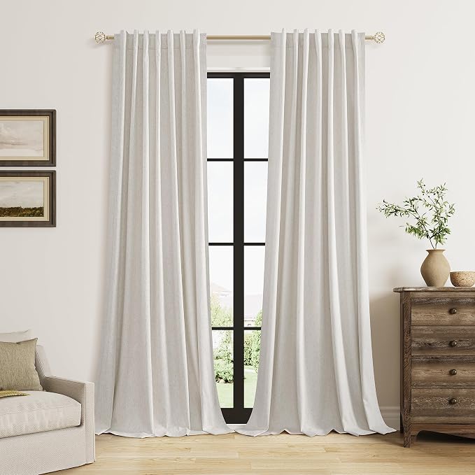 Guken Light Beige 100% Blackout Curtains 84 Inch Long 2 Panels Set for Living Room Bedroom Back Tab Room Darkening Winter Thermal Insulated Neutral Linen Drapes Window Curtain, 52x84