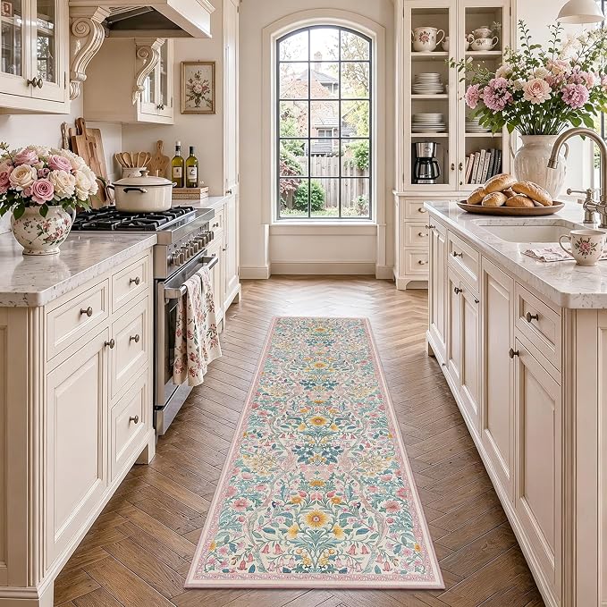 2x6 Washable Runner Rug,Pink Floral Boho Long Rug for Hallway,Low-Pile Non-Slip Stain Resistant Carpet for Kitchen, Bedside,Laundry Room,Entryway