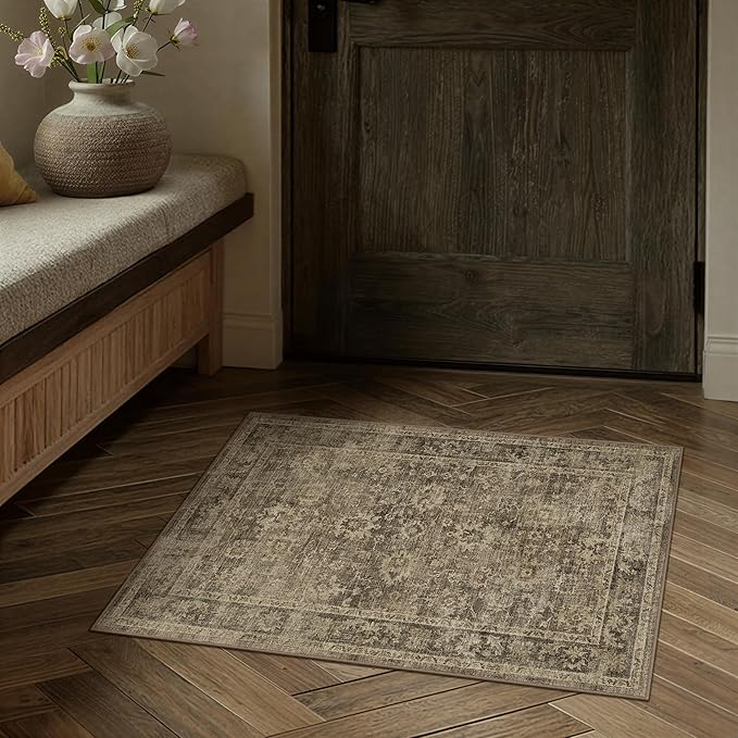 HUGEAR 2x3 Entryway Rug Brown Machine Washable Rug Room Decor Vintage Distressed Small Area Rugs Indoor Door Mat Low Pile Non Slip Carpet for Kitchen Living Bedroom Soft Lightweight