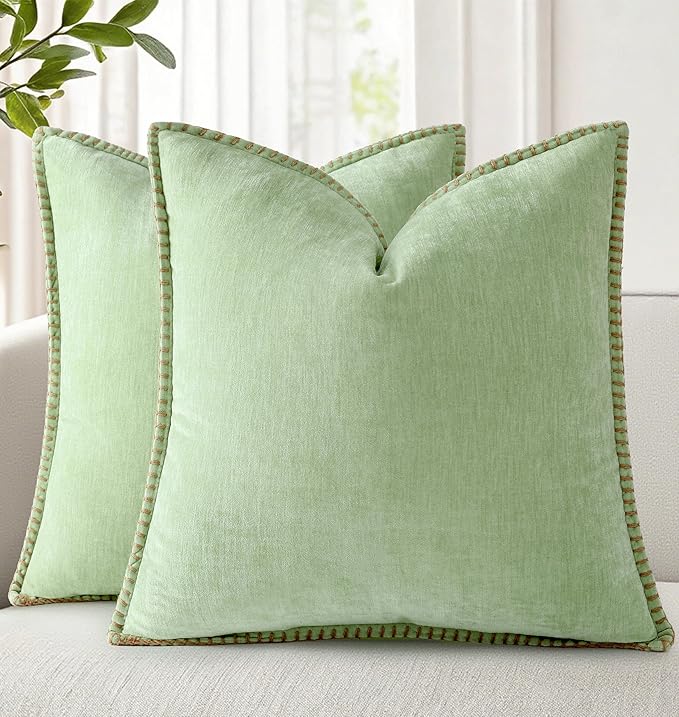 decorUhome Soft Chenille Throw Pillow Covers 22x22 Set of 2 Sage Green | Fall Textured Decorative Throw Pillow Cases Stitched Edge Modern Farmhouse Luxury Boho Velvet for Couch Sofa Bed Home Decor