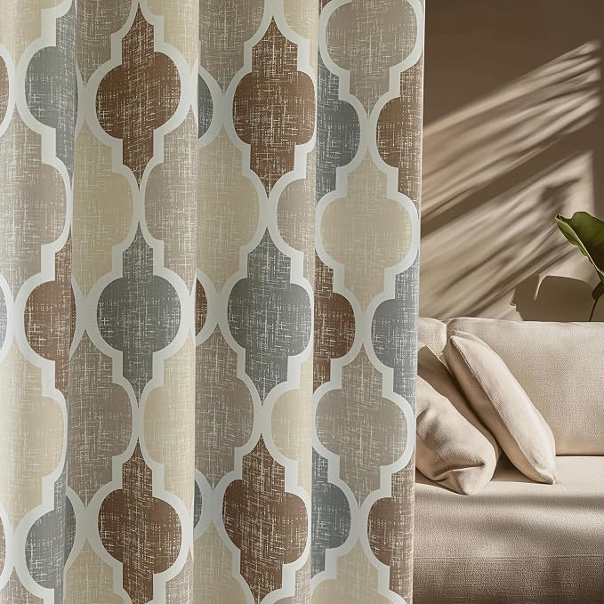 Beauoop Moroccan 100% Blackout Curtains Bedroom Brown Grey 50x96 2 Panels | Geometric Room Darkening Drapes for Living Room 96 Inch Long Thermal Insulated Soundproof Lattice Window Treatment Grommet