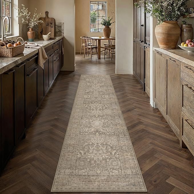 HUGEAR Hallway Runner Rugs 2x8 Light Brown Washable Rug Neutral Vintage Rug Carpet Distressed Soft Durable Non Slip No Shedding for Indoor Bedroom Kitchen Dining Nursery Laundry