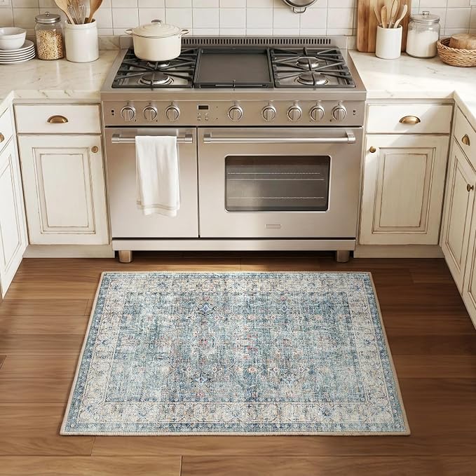 Beauoop 2x3 Washable Blue Neutral Vintage Distressed Oriental Entryway Rug | Non Slip Low Pile Oriental Soft Thin Small Carpet Throw Rugs Door Mat Retro Entry Entrance Kitchen Bedroom Bathroom Laundry