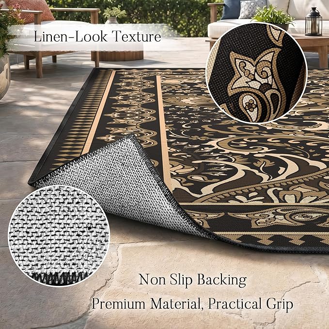 Arenarug Paisley Outdoor Rug Waterproof 9x12, UV Resistant Non Slip Patio Rug, Indoor Outdoor Boho Camping Rug Linen-Look RV Carpet for Deck Balcony Backyard, Taupe
