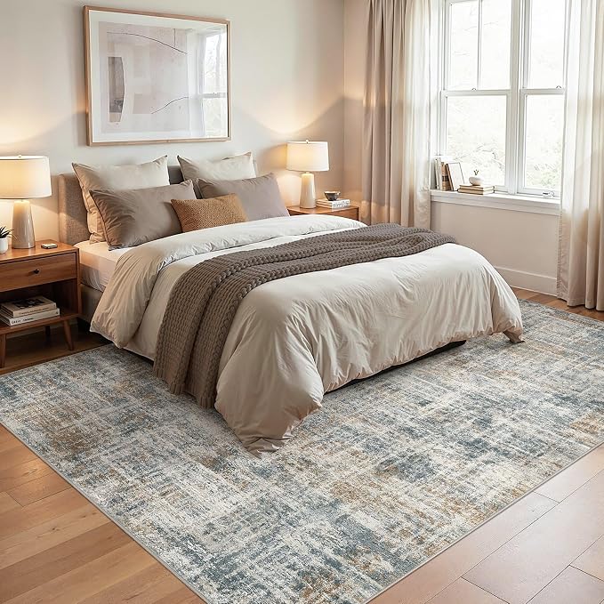 cotiled Washable 8x10 Area Rug for Living Room - Modern Abstract Carpet with Non-Slip Backing, Low Pile & Soft, Stain Resistant, Kid & Pet Friendly Decor for Bedroom & Dining Room - Blue Brown