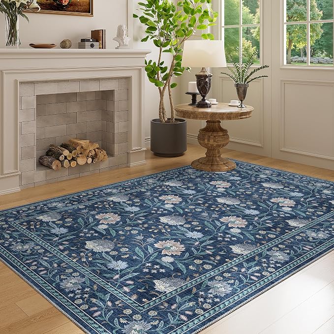 DUKINO 4x6 Area Rug, Washable Vintage Floral Rug for Living Room, Dark Blue | Non Slip, Low Pile, Stain Resistant Boho Lightweight Soft Indoor Carpet for Bedroom Office Dining Room Entryway Farmhouse