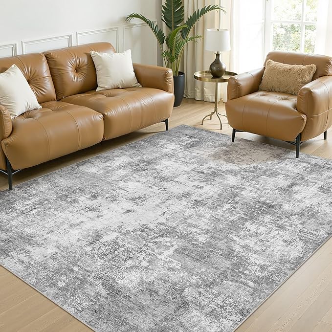 6x9 Area Rug, Non Slip Low Pile Washable Large Rug for Living Room | Soft Modern Abstract Carpet, Stain Resistant Kid & Pet Friendly, Made for Dining Room, Nursery, Home Office Indoor - Gray