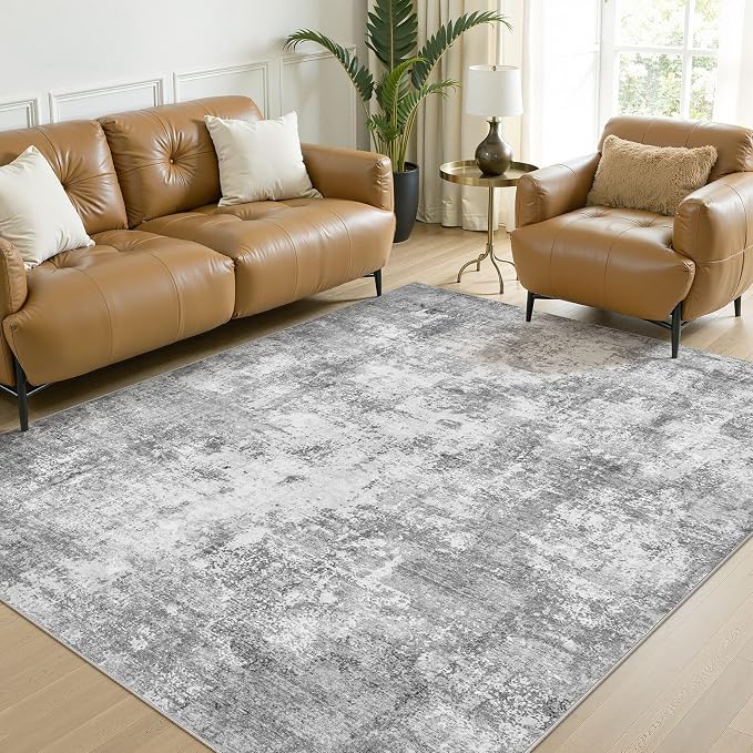 Area Rugs 5x7, Non Slip Low Pile Soft Washable Rug for Living Room | Neutral Modern Abstract Large Carpet, Stain Resistant and Kid & Pet Friendly, Made for Bedroom, Nursery,Home Office - Gray