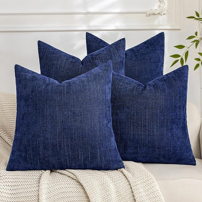 Set of 4 Soft Textured Decorative Throw Pillow Covers 24x24 Inch Cozy Farmhouse Cushion Cover Square Accent Pillow Cases for Bed Couch Sofa Living Room, Blue