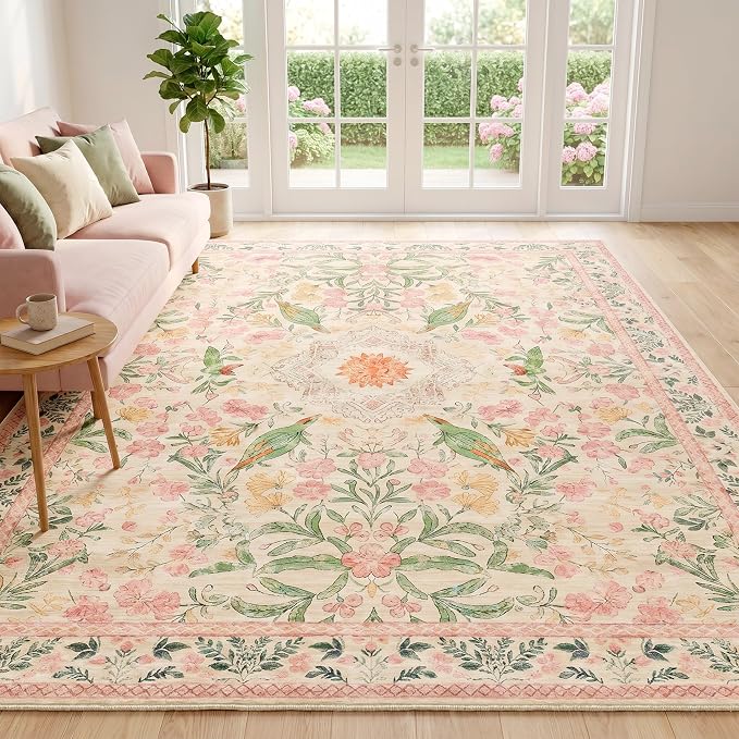 6'x9' Bohemian Floral Large Area Rug, Washable Living Room Rug, 0.3" Low Pile, Non-Slip Cotton-Backed Silicone Grip, Faux Wool Carpet for Dining Room Home Office, Cream/Pink/Sage