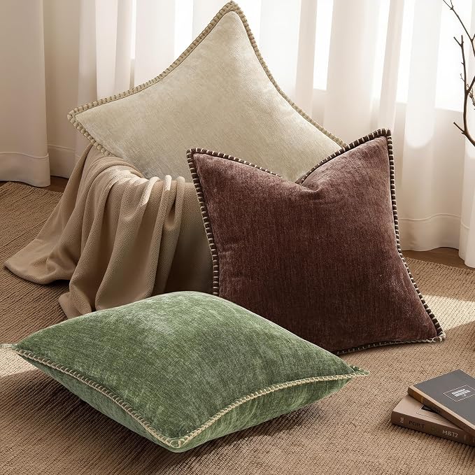 decorUhome Soft Chenille Throw Pillow Covers 22x22 Set of 2 Chocolate | Fall Textured Decorative Throw Pillow Cases Stitched Edge Modern Farmhouse Luxury Boho Velvet for Couch Sofa Bed Home Decor