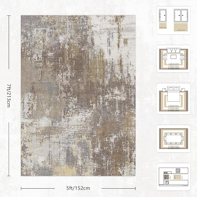 5x7 Rugs for Living Room - Modern Abstract Washable Rug, Ultra Soft Non Slip Low Pile Large Rugs, Floor Carpet for Bedroom Dining Room Office Laundry Nursery Home（Taupe）