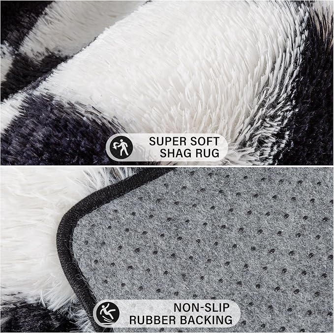 PureCozy Checkered Round Rugs 6ft for Living Room, Black and White Modern Shag Rugs Super Soft Washable Fluffy Indoor Office Carpet for Bedroom Home Dorm Aesthetic Decor