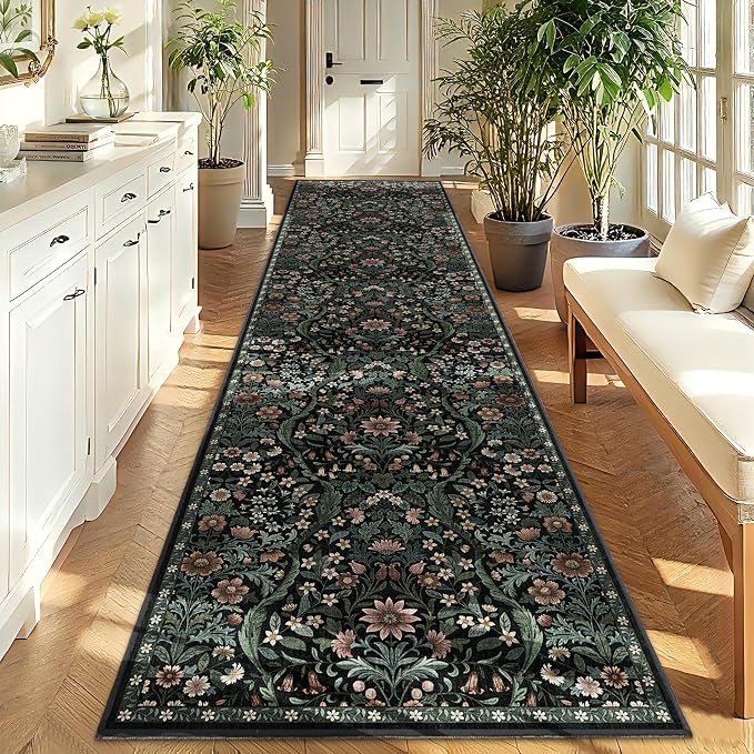3x12 Washable Runner Rug,Black Floral Long Rugs for Hallway,Low-Pile Non-Slip Stain Resistant Boho Carpet for Kitchen, Bedside,Laundry Room,Entryway