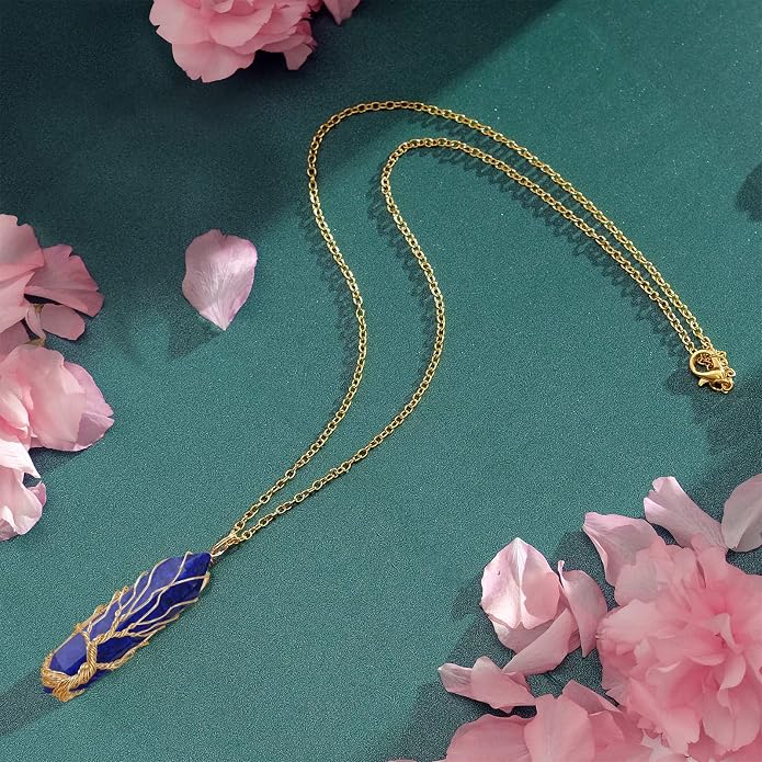 VIBILIA Healing Crystal Necklace Tree of Life Wire Wrapped Natural Stone Point Pendant Necklace Hexagonal Reiki Spiritual Quartz Gemstone Jewelry for Women Men