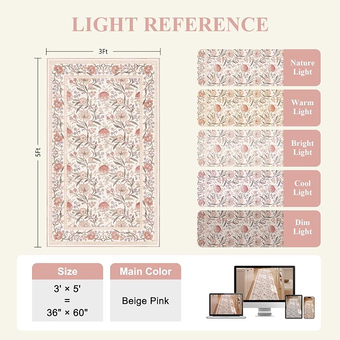 DUKINO 3x5 Rug Washable Vintage Floral Bedroom Area Rug Non Slip Beige Pink | Low Pile, Non-Shedding, Stain Resistant Boho Lightweight Soft Indoor Carpet for Bathroom Office Dining Living Room Farmhouse