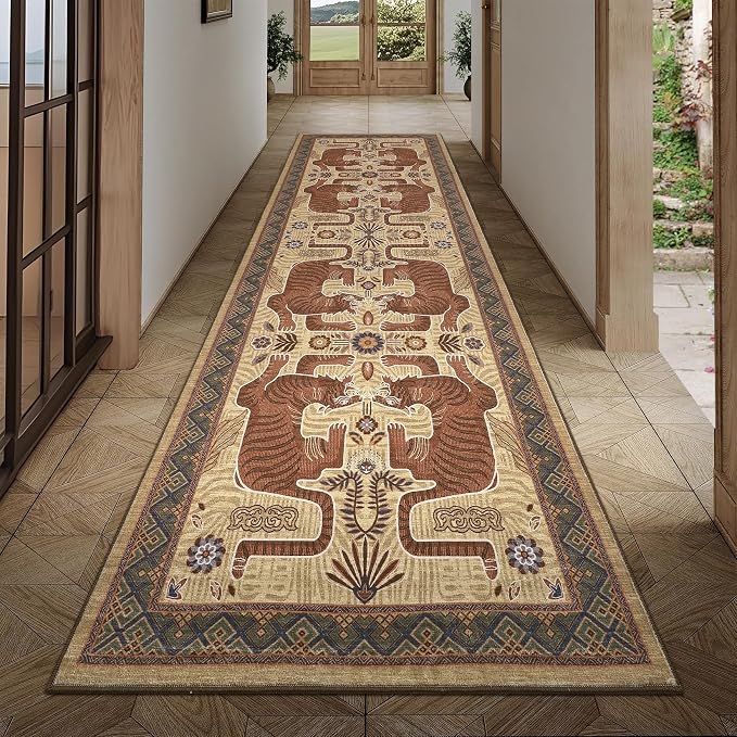 GarveeHome Tiger Print 2'6"x8' Washable Non Slip Runner Rugs for Hallways, Boho Camel Kitchen Runner Ultra Thin Soft Vintage Tribal Indoor Throw Floor Carpet for Entryway Bedroom Bathroom