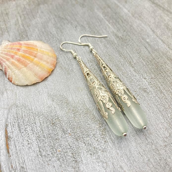 Handmade Sea Glass Earrings, Hawaiian Jewelry for Women, Long Teardrop Earrings Beach Jewelry, Sea Glass Jewelry For Women Birthday Gift For Her