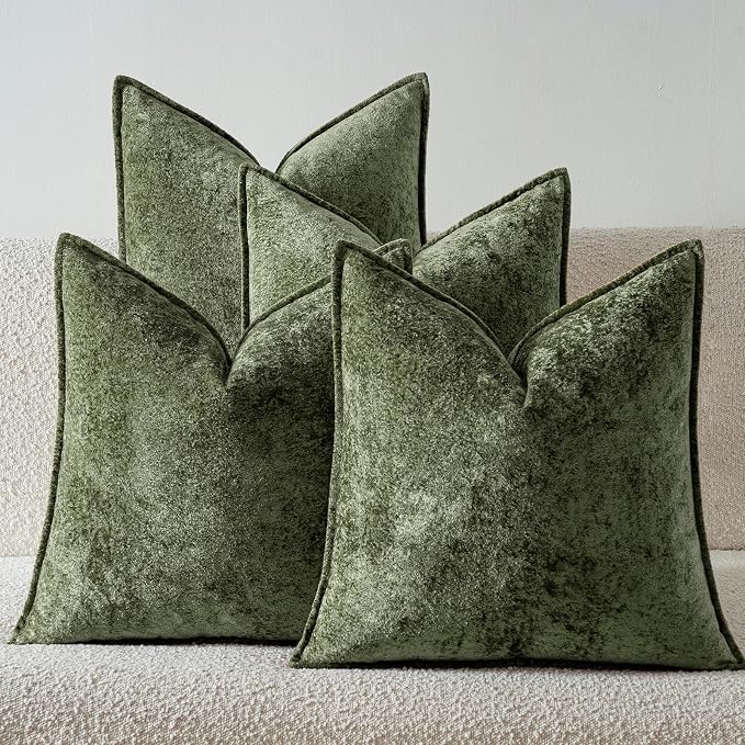 a moment Throw Pillow Covers 16X16 Inch 4 Packs,Soft Velvet Decorative Pillow Cases with 3D Ice Flower,Texture Modern Accent Cushion Covers for Sofa Couch Home Decor Moss Green