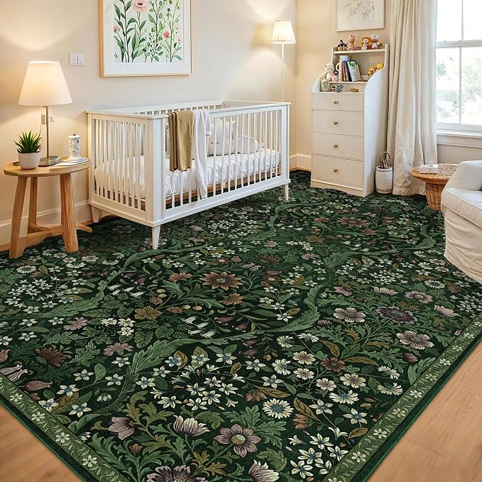 5×8 Area Rugs Dark Green Washable Floral Rug,Vintage Boho Soft Low-Pile Living Room Rugs, Stain Resistant Botanical Non-Slip Carpet for Bedroom,Dining Room, Kids Nursery,Home Decor
