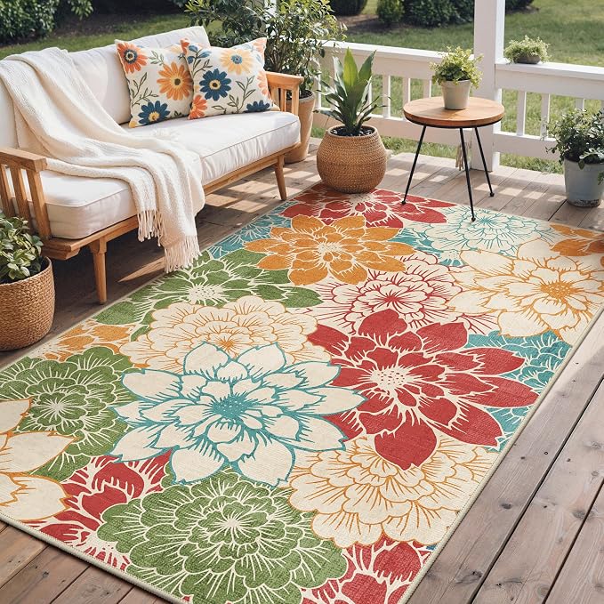 GENIMO 5x8 Outdoor Rug, Washable for Patio and Deck, Rust Teal | Floral design for porch; fade resistant chenille with quick-dry non-slip backing for indoor sunroom