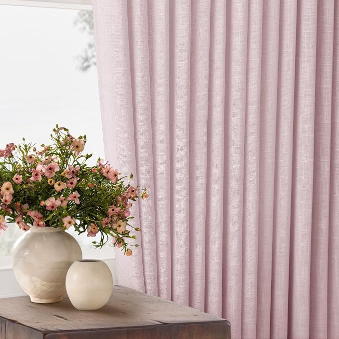 Light Pink Pinch Pleat Linen Semi Sheer Curtains 45 Inch Length 2 Panels | Basement Short Curtains for Small Bay Window, Pinch Pleated with Hooks Rings Back Tab, Thick Linen Semi Sheer, W40xL45