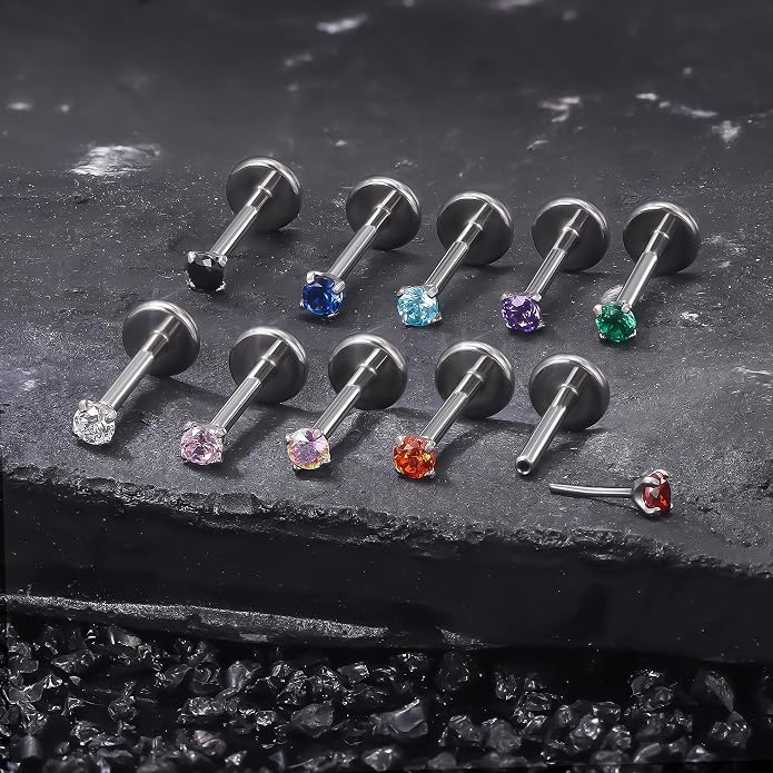 Ruifan Titanium Flat Back Lip Rings Threadless Push in Earrings Studs Nose Rings 20G 18G 16G Mix Colors CZ Tragus Cartilage Lobe Rook Helix Conch Labret Medusa Nostril Piercing Jewelry for Women Men