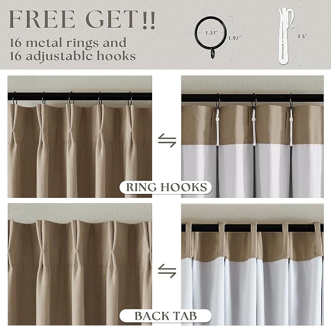 Light Brown Pinch Pleated 100% Blackout Linen Curtains 84 Inch Length 40x84 | Room Darkening Black Out with Liner, Noise Reducing, Pleat Back Tab, Tan Coffee Window Curtains, for Living Room Bedroom