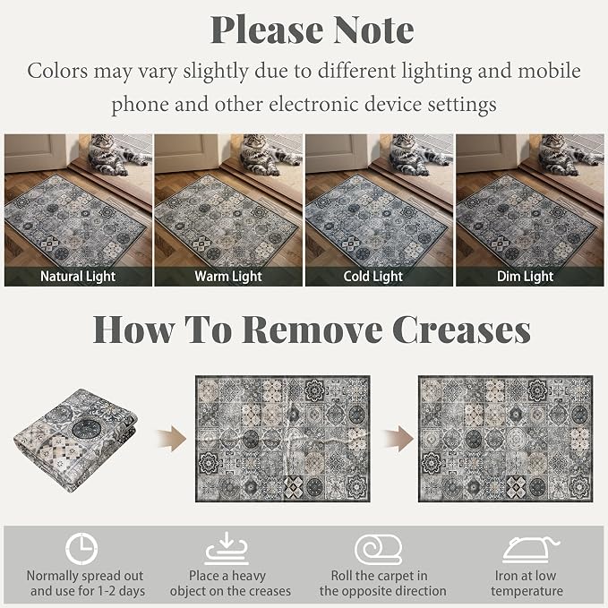 Machine Washable Entryway Small Area Rugs: Soft Non-Slip Low Pile Door Mat Indoor Entrance 2x3 ThrowRug for High-Traffic Areas Kitchen, Hallway, Farmhouse Decor