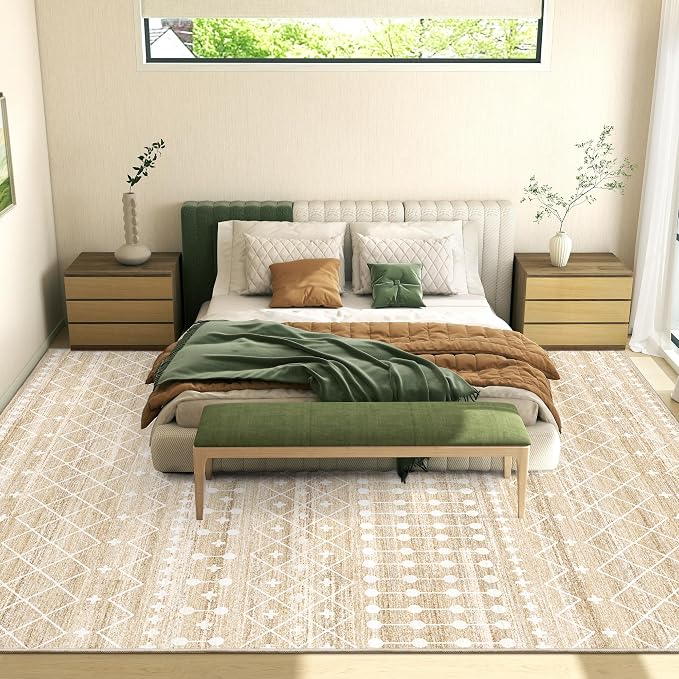Miukiki 8x10 Area Rug for Living Room Moroccan Washable Rugs Non Slip Indoor Floor Carpet Foldable Large Soft Area Rug for Dining Room Bedroom with Low Pile(Beige,8'x10')