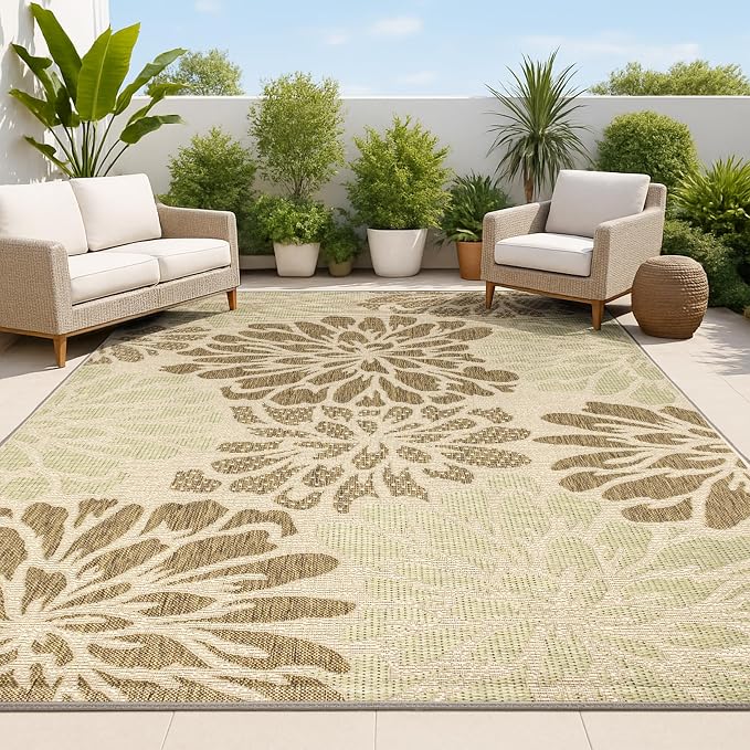 JONATHAN Y Floral Textured Weave Indoor Outdoor Area Rug 8X10 Sage/Brown, Zinnia Modern for Backyard, Patio, Porch, Easy-Cleaning, High Traffic, Pet-Friendly, Non-Shedding (SMB110A-8)