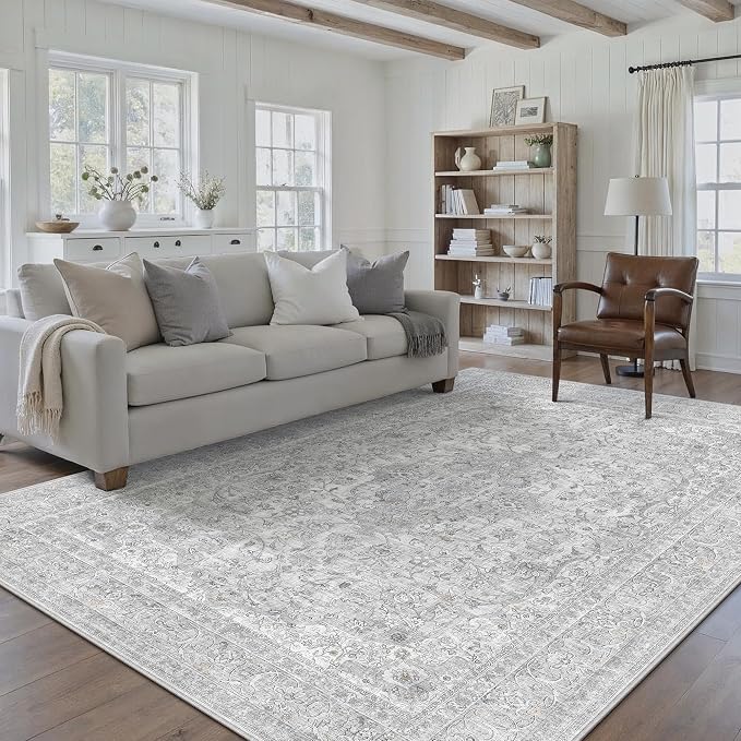 PureCozy 8x10 Area Rug Washable Gray Vintage Traditional Oriental | Non Slip, Soft Low Pile, Indoor Carpet for Living Room, Bedroom, Dining Room, Distressed Retro Decor