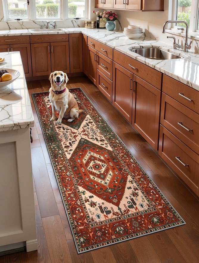 SERISSA Boho Washable Runner Rug, 2x6 Rug Runner Non-Slip Vintage Terracotta Green Hallway Kitchen Runner Rug Ultra Soft Print Distressed Floor Carpet Runner for Bedroom Laundry Living Room