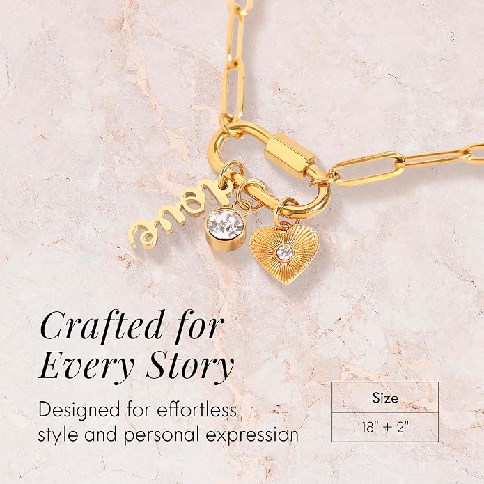 Destin Jewelry 18K Gold PVD Faith Charm Necklace for Women, Chunky Paperclip Chain with Carabiner Charm Keeper and Message, Stainless Steel Necklace 18"+2"