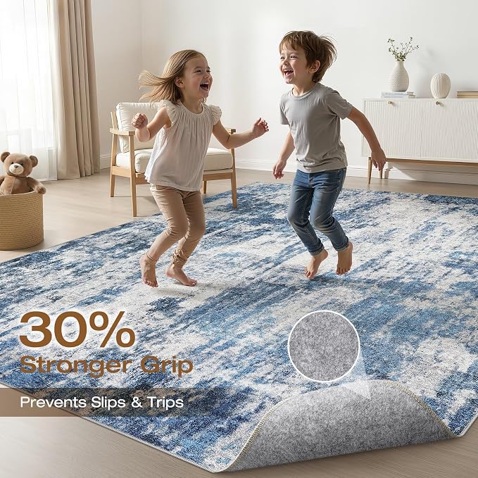 6x8 Area Rug Living Room: Washable Large Neutral Rug Abstract Soft Modern Stain Resistant Indoor Floor Non-Slip Carpet for Bedroom Nursery Kids Office Playroom Dining Room Under Table- Navy Gray
