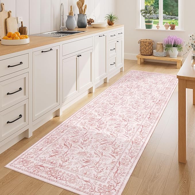 DUKINO 2.6x8 Runner Rug, Washable Vintage Floral Kitchen Runners Light Pink | Non Slip, Low Pile, Non-Shedding Soft Carpet for Hallway Bathroom Laundry Entryway Bedroom Farmhouse, Kids and Pets Friendly