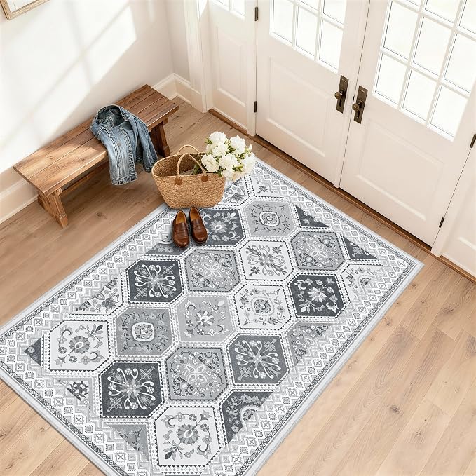 3x5 Washable Rug, Soft Non-Slip Boho Moroccan Rug, Low-Pile Printed Indoor Throw Rugs for Entryway, Kitchen, Bedroom Bedside, Entrance- Gray/White